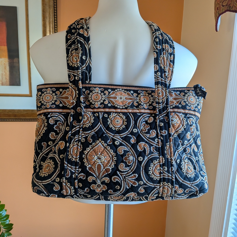 Vera Bradley Black and Tan Quilted Paisley Shoulder Tote Medium